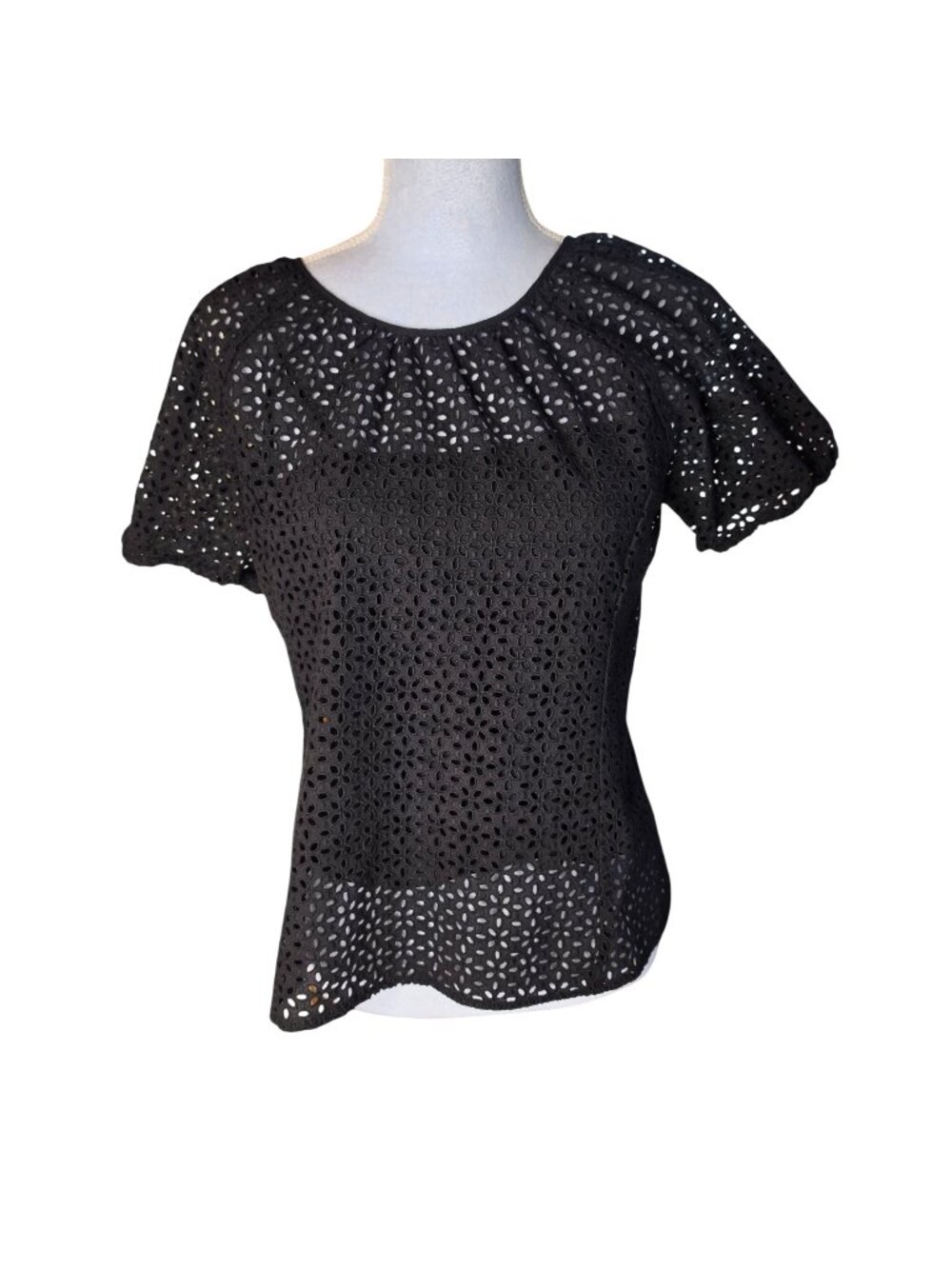 J.Crew Black Eyelet Puff Sleeve Top V-Back Tie Cotton Cottagecore Romantic Sz 6